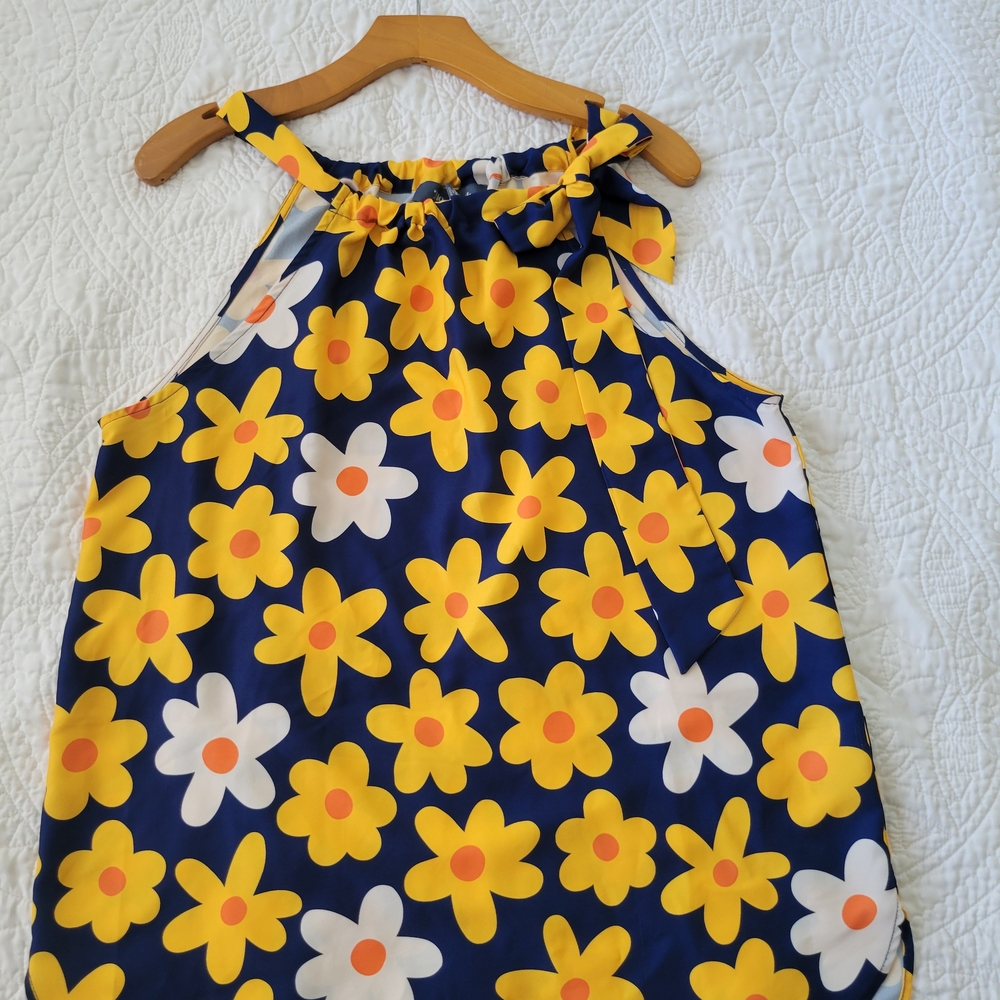 Modcloth Blue and Yellow Floral Blouse Sleeveless Halter